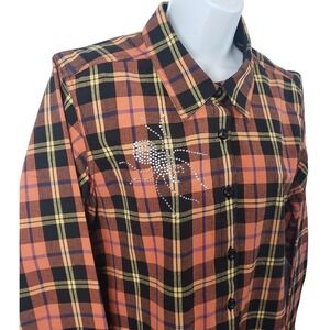 Krazy Kat Womens Orange Plaid Spider Rhinestone Long Sleeve Button Shirt /R31